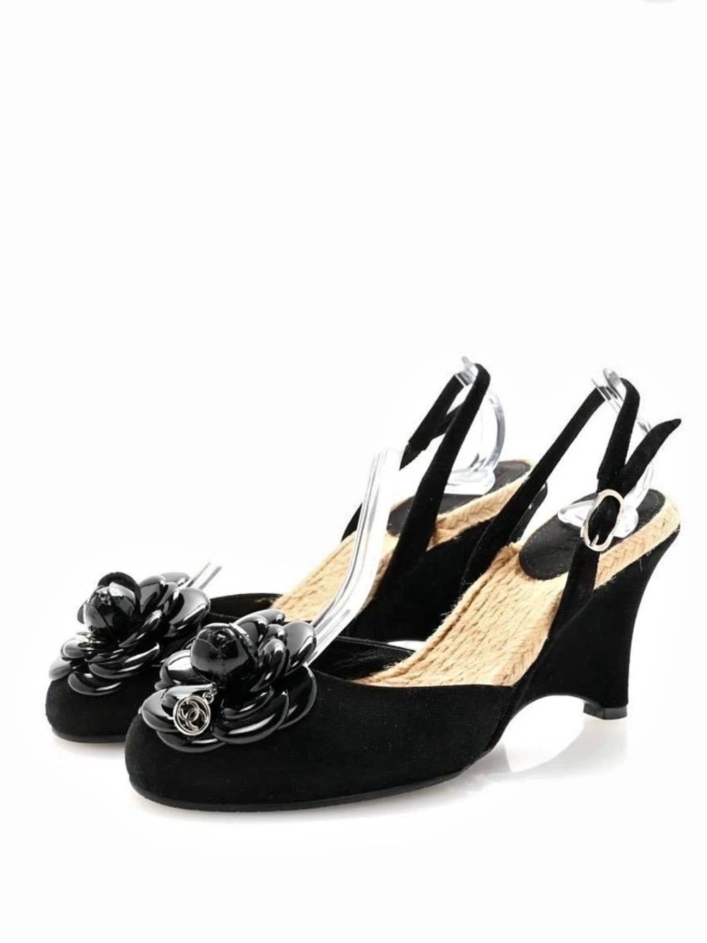 CHANEL Black Camellia Slingback Wedge Sandals